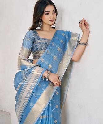 Blue soft linen cotton silk blend saree with gold zari weaving 3