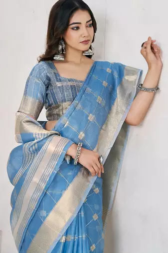 Blue soft linen cotton silk blend saree with gold zari weaving