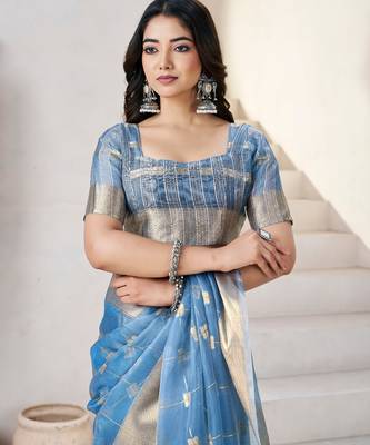 Blue soft linen cotton silk blend saree with gold zari weaving 4