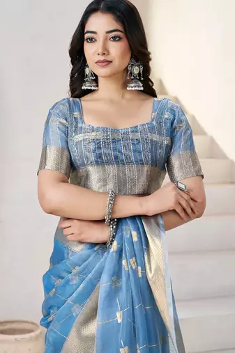 Blue soft linen cotton silk blend saree with gold zari weaving