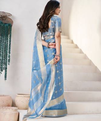 Blue soft linen cotton silk blend saree with gold zari weaving 5