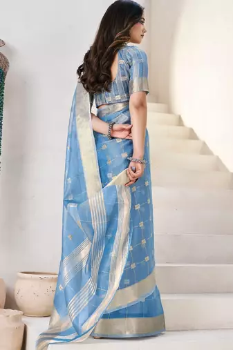 Blue soft linen cotton silk blend saree with gold zari weaving