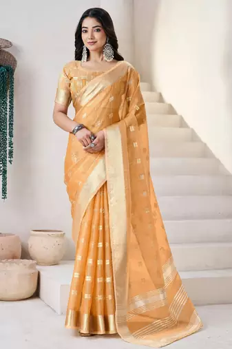 Mustard soft linen cotton silk saree with gold zari weaving | elegant party & wedding wear saree