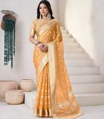Mustard soft linen cotton silk blend saree with gold zari weaving