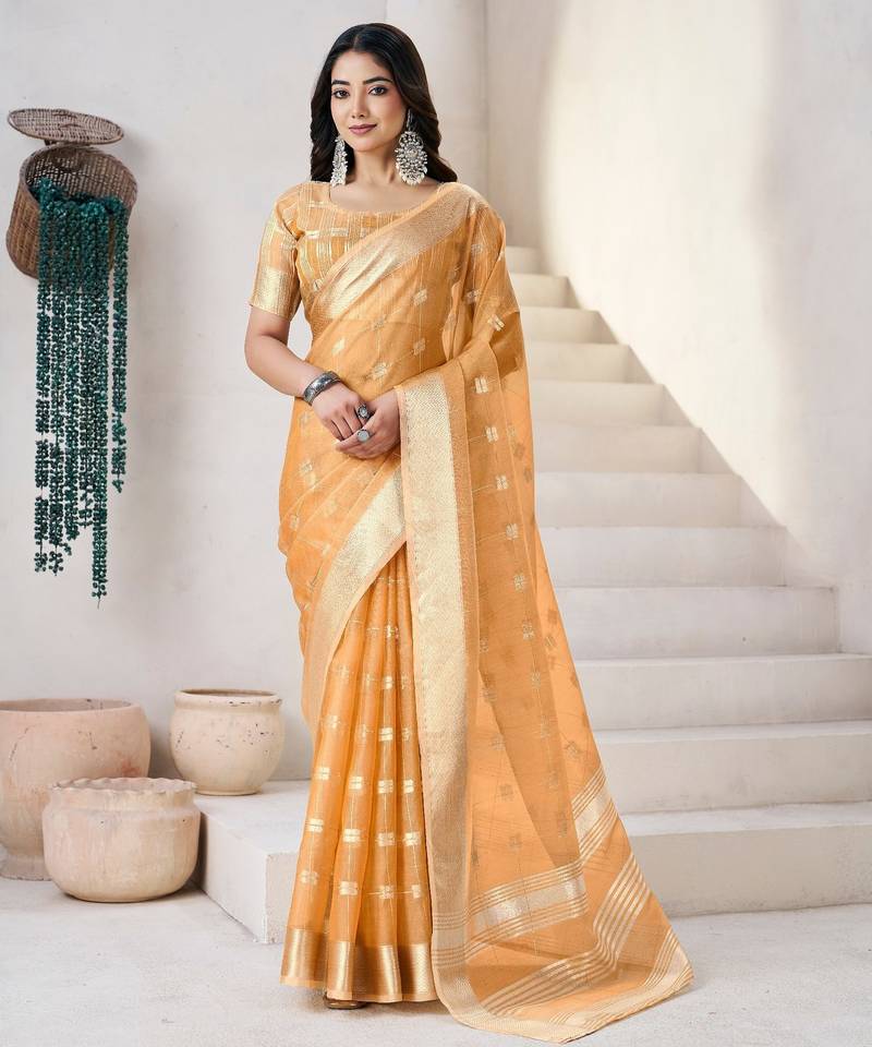 Mustard soft linen cotton silk saree with gold zari weaving | elegant party & wedding wear saree