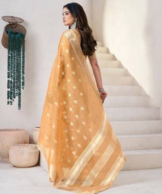 Mustard soft linen cotton silk blend saree with gold zari weaving 2