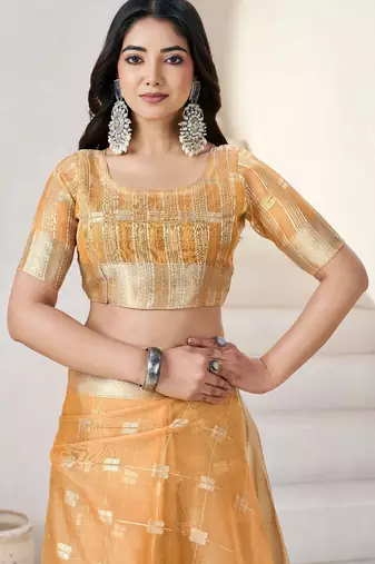 Mustard soft linen cotton silk blend saree with gold zari weaving