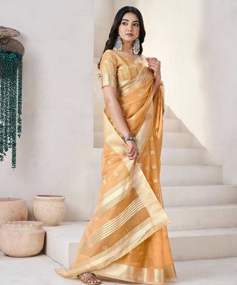 Mustard soft linen cotton silk blend saree with gold zari weaving 4