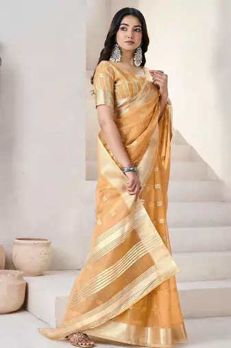 Mustard soft linen cotton silk blend saree with gold zari weaving