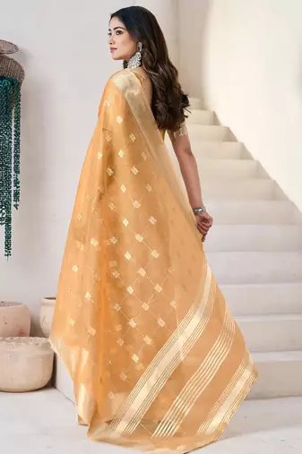 Mustard soft linen cotton silk blend saree with gold zari weaving