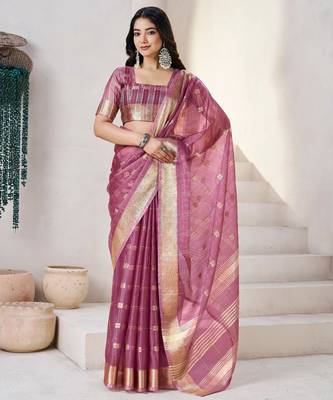 Soft linen cotton silk blend saree with gold zari weaving 1