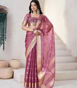 Soft linen cotton silk blend saree with gold zari weaving