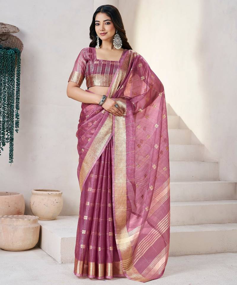 Soft linen cotton silk saree with gold zari weaving | elegant party & wedding wear saree