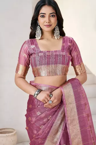 Soft linen cotton silk blend saree with gold zari weaving