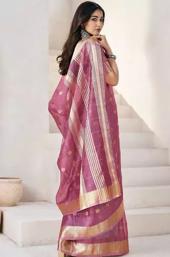 Soft linen cotton silk blend saree with gold zari weaving