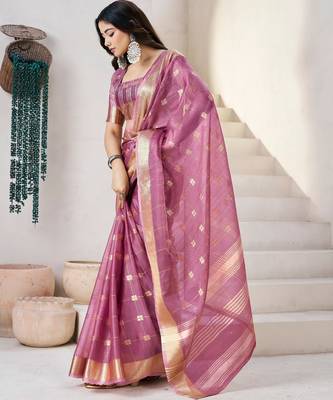 Soft linen cotton silk blend saree with gold zari weaving 4