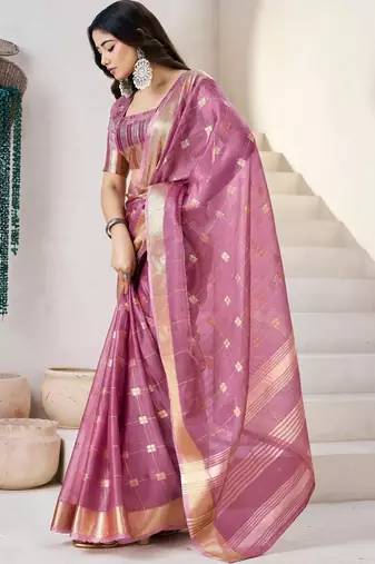 Soft linen cotton silk blend saree with gold zari weaving