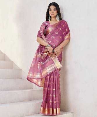 Soft linen cotton silk blend saree with gold zari weaving 5