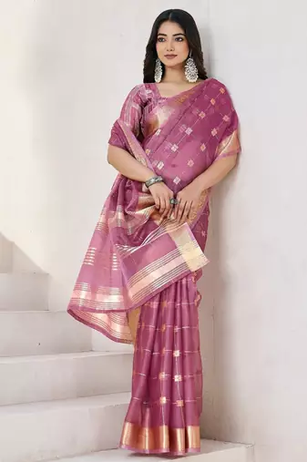 Soft linen cotton silk blend saree with gold zari weaving