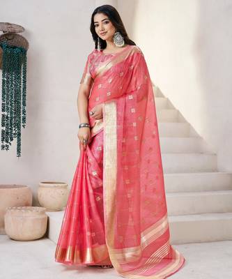Soft linen cotton silk blend saree with gold zari weaving 1