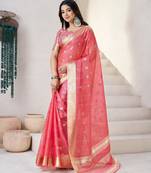 Soft linen cotton silk blend saree with gold zari weaving