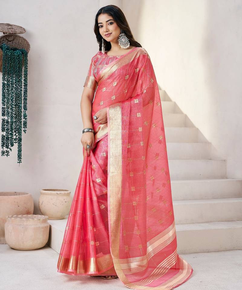 Soft linen cotton silk saree with gold zari weaving | elegant party & wedding wear saree