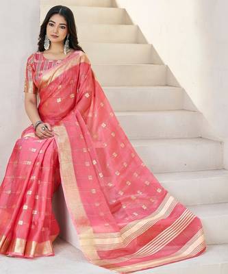 Soft linen cotton silk blend saree with gold zari weaving 2