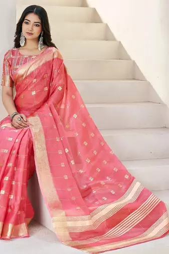 Soft linen cotton silk blend saree with gold zari weaving