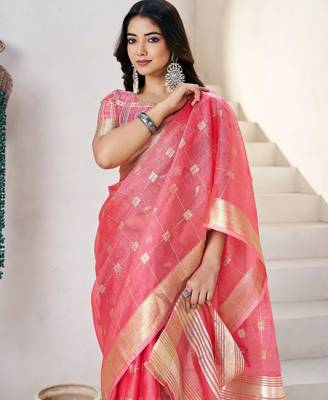 Soft linen cotton silk blend saree with gold zari weaving 3