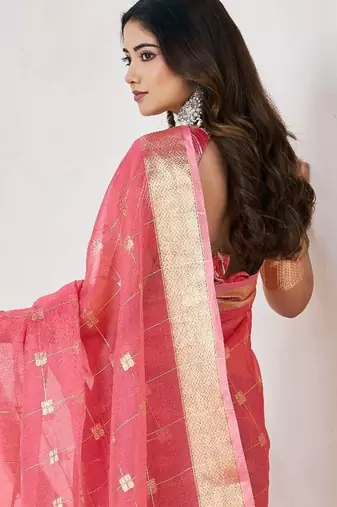 Soft linen cotton silk blend saree with gold zari weaving
