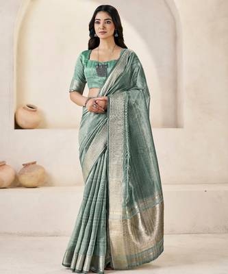 Soft linen cotton silk blend saree with gold zari weaving 1