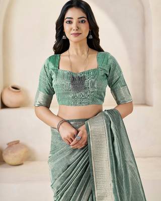 Soft linen cotton silk blend saree with gold zari weaving 2