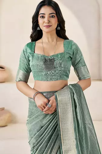 Soft linen cotton silk blend saree with gold zari weaving