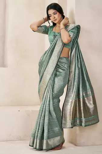 Soft linen cotton silk blend saree with gold zari weaving