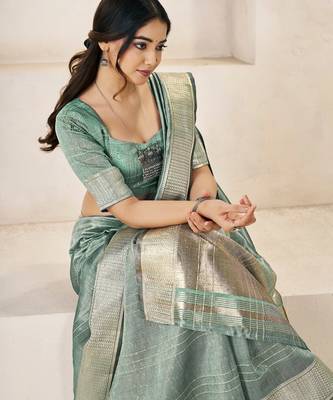 Soft linen cotton silk blend saree with gold zari weaving 4