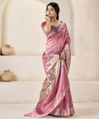 Soft linen cotton silk blend saree with gold zari weaving 2