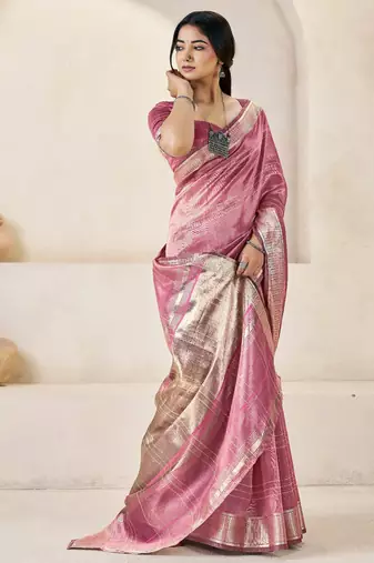 Soft linen cotton silk blend saree with gold zari weaving