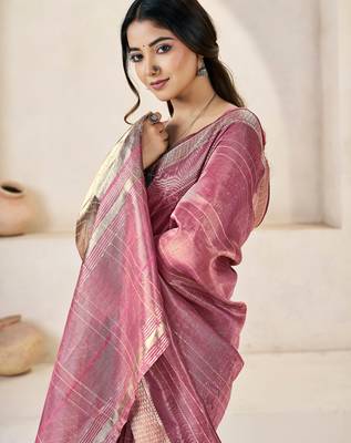 Soft linen cotton silk blend saree with gold zari weaving 3