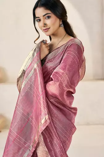 Soft linen cotton silk blend saree with gold zari weaving