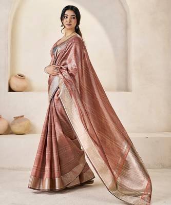 Soft linen cotton silk blend saree with gold zari weaving 1