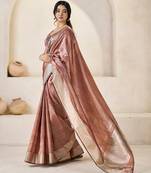 Soft linen cotton silk blend saree with gold zari weaving