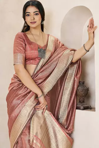 Soft linen cotton silk blend saree with gold zari weaving