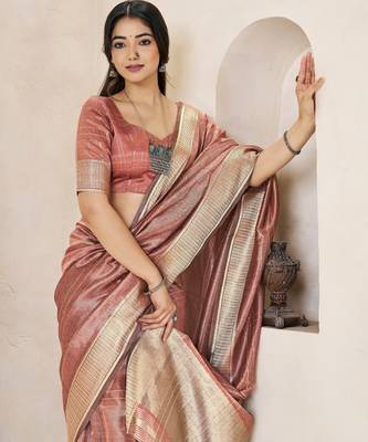 Soft linen cotton silk blend saree with gold zari weaving 5