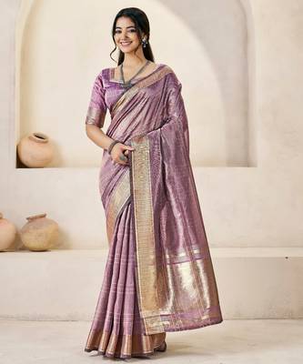 Soft linen cotton silk blend saree with gold zari weaving 1