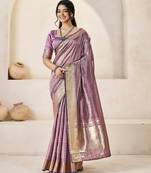 Soft linen cotton silk blend saree with gold zari weaving