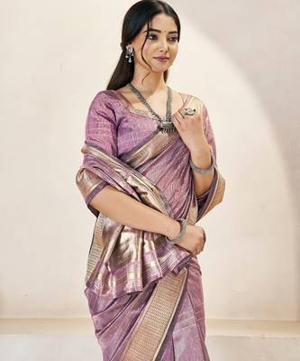 Soft linen cotton silk blend saree with gold zari weaving 4