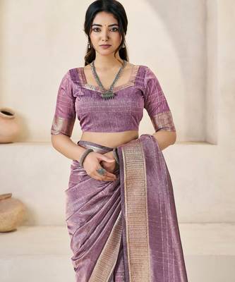 Soft linen cotton silk blend saree with gold zari weaving 5
