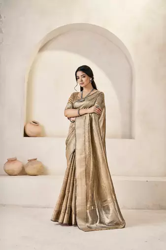 Soft linen cotton silk saree with gold zari weaving | elegant party & wedding wear saree