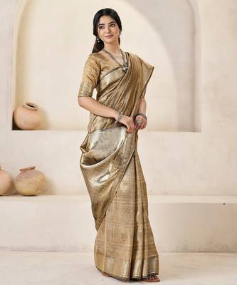 Soft linen cotton silk blend saree with gold zari weaving 3