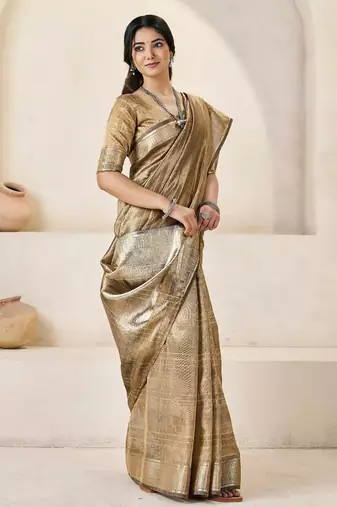 Soft linen cotton silk blend saree with gold zari weaving